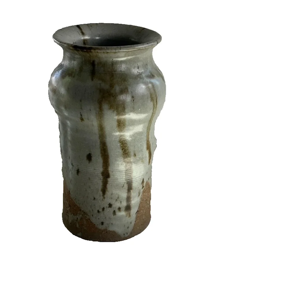 Studio Art Pottery Stoneware Tall Vase Glaze Brown Drips Signed By Carol R.